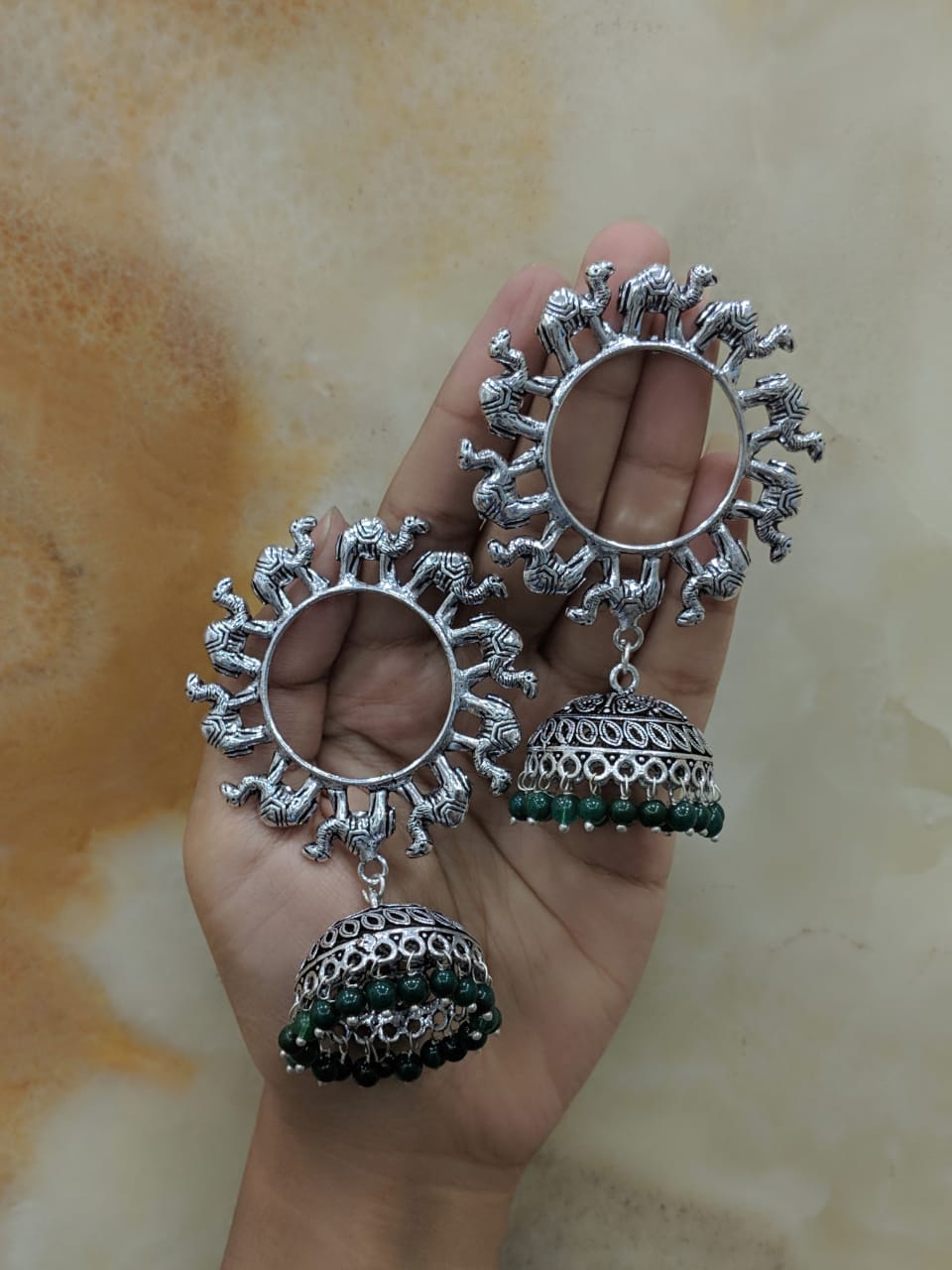 image for Afghani Silver Jaipuri Tribal Camel Animal Antique Jhumki Earrings