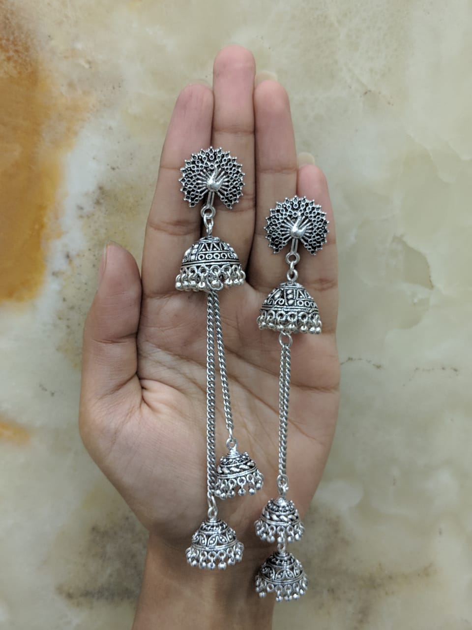 image for Oxidized Silver Afghani Jaipuri Tribal Peacock Antique Jhumki Earrings