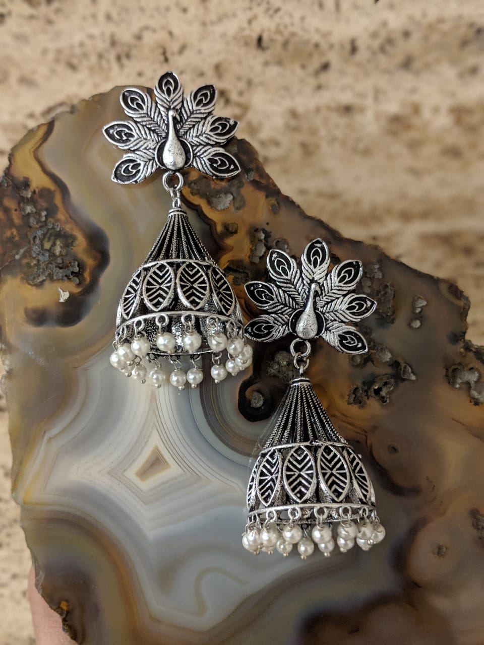 image for Jaipuri Tribal Peacock Pearl Antique Jhumki Earrings