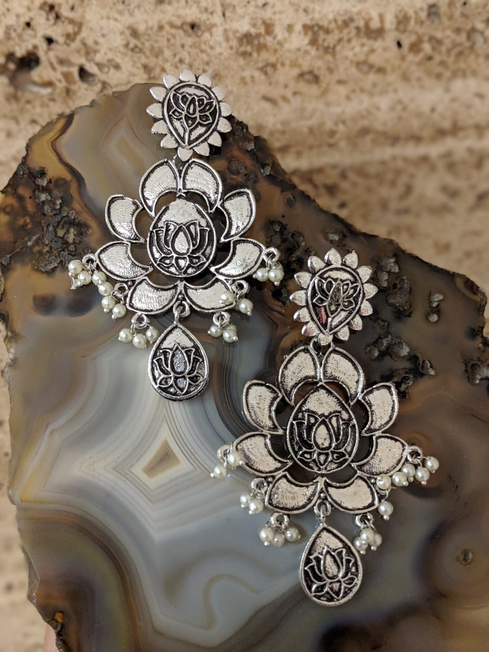 image for Oxidized Silver Tribal Lotus Pearl Antique Earrings