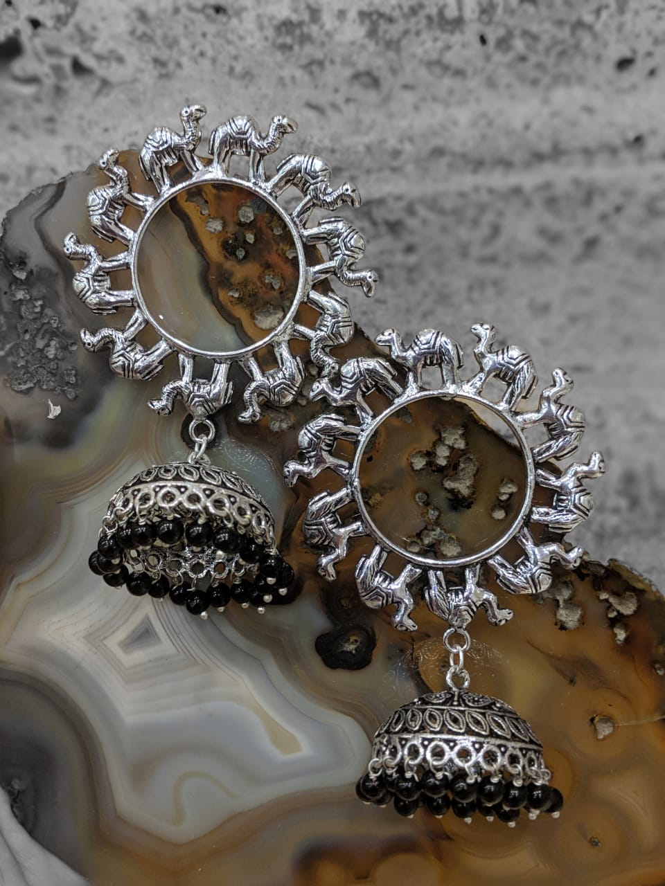 image for Oxidised Silver Jaipuri Tribal Camel Animal Antique Jhumki Earrings