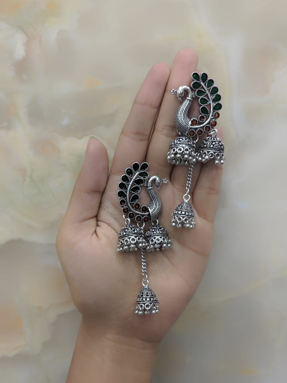 image for Oxidized Silver Plated Tribal Peacock Bells Antique Jhumki Earring