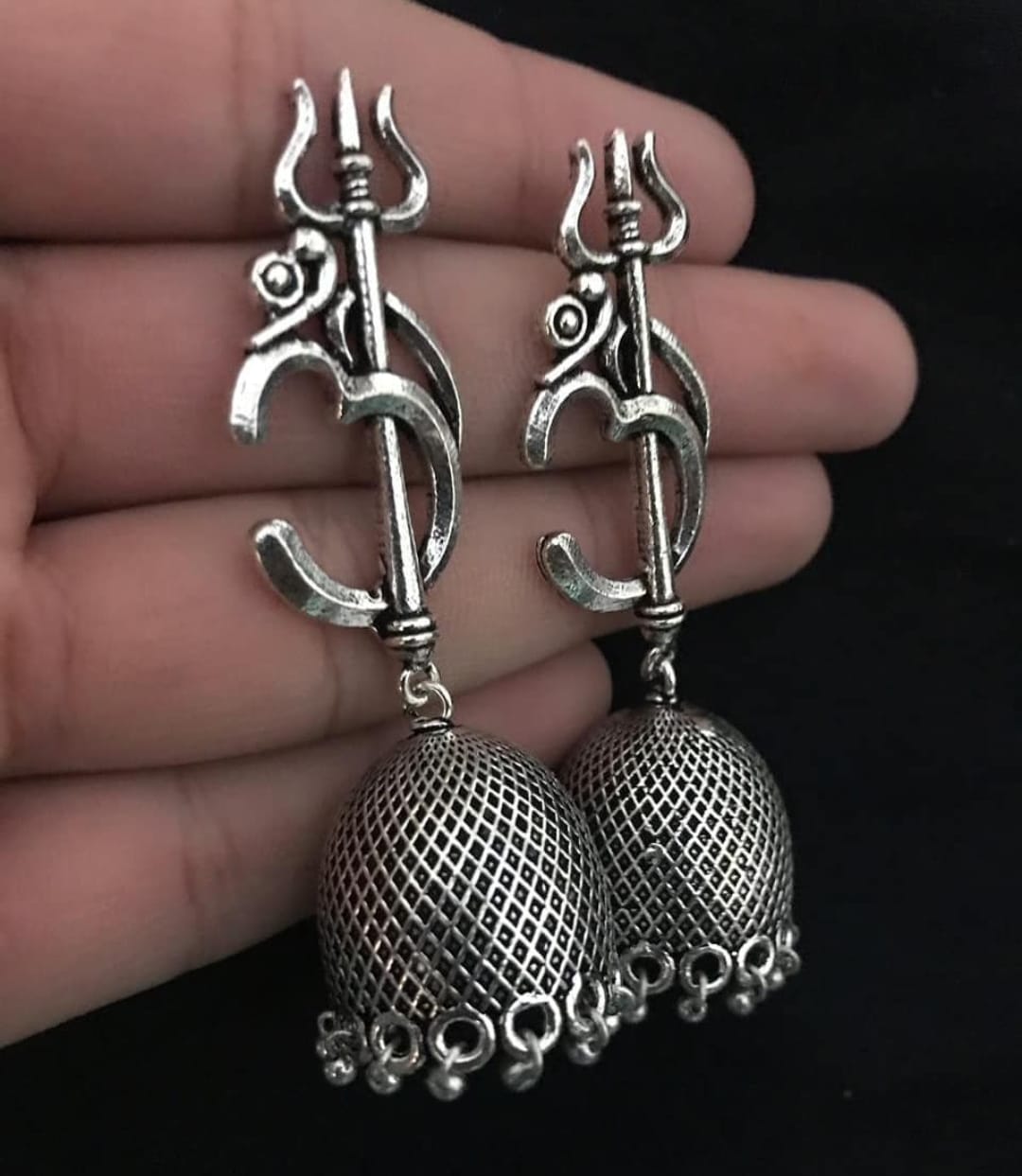 image for Oxidized Silver Afghani Tribal Om Trishul Antique jhumki Earrings