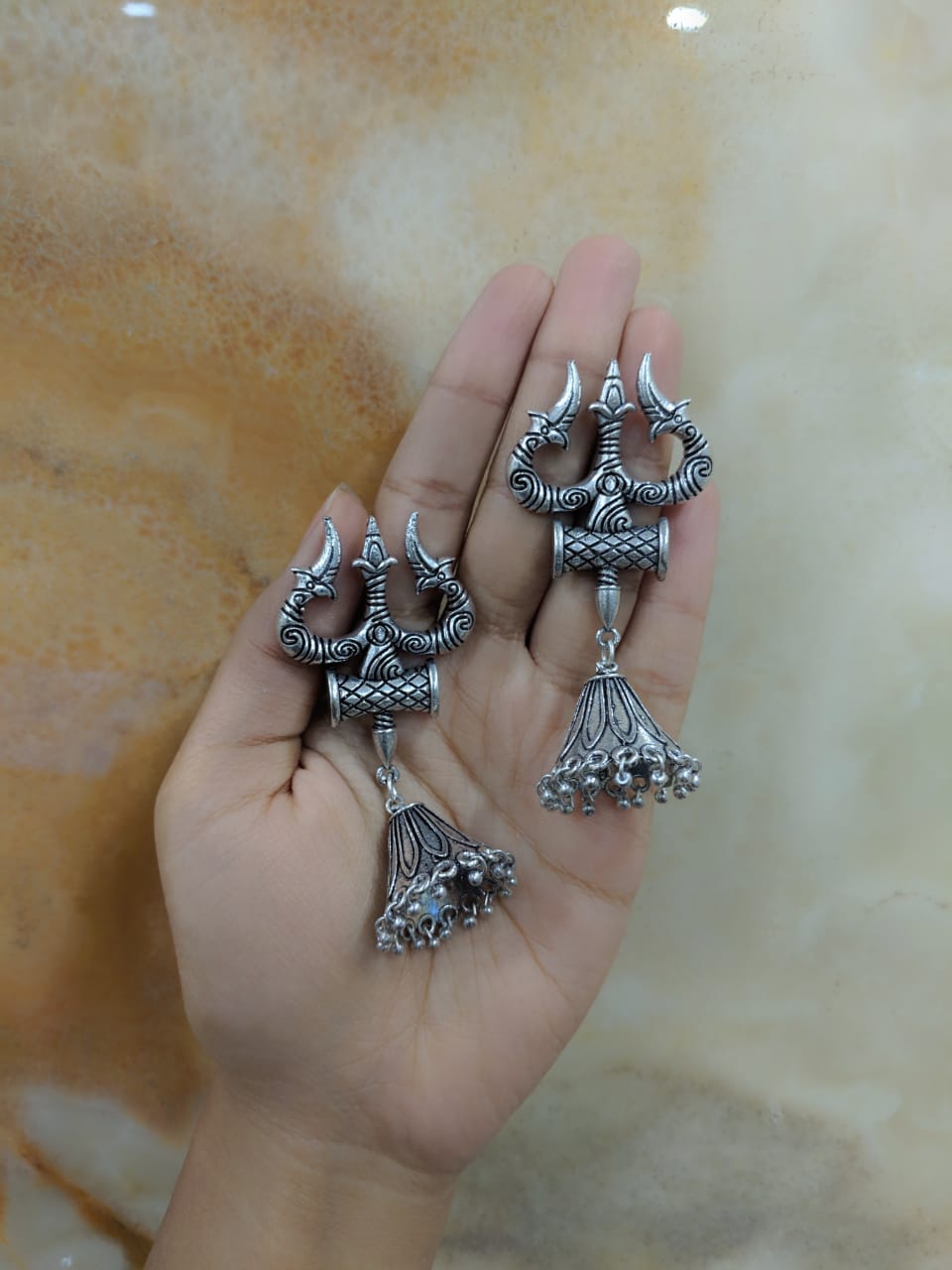 image for Oxidized Silver Afghani Tribal Om Trishul Tabla Antique Jhumki Earrings