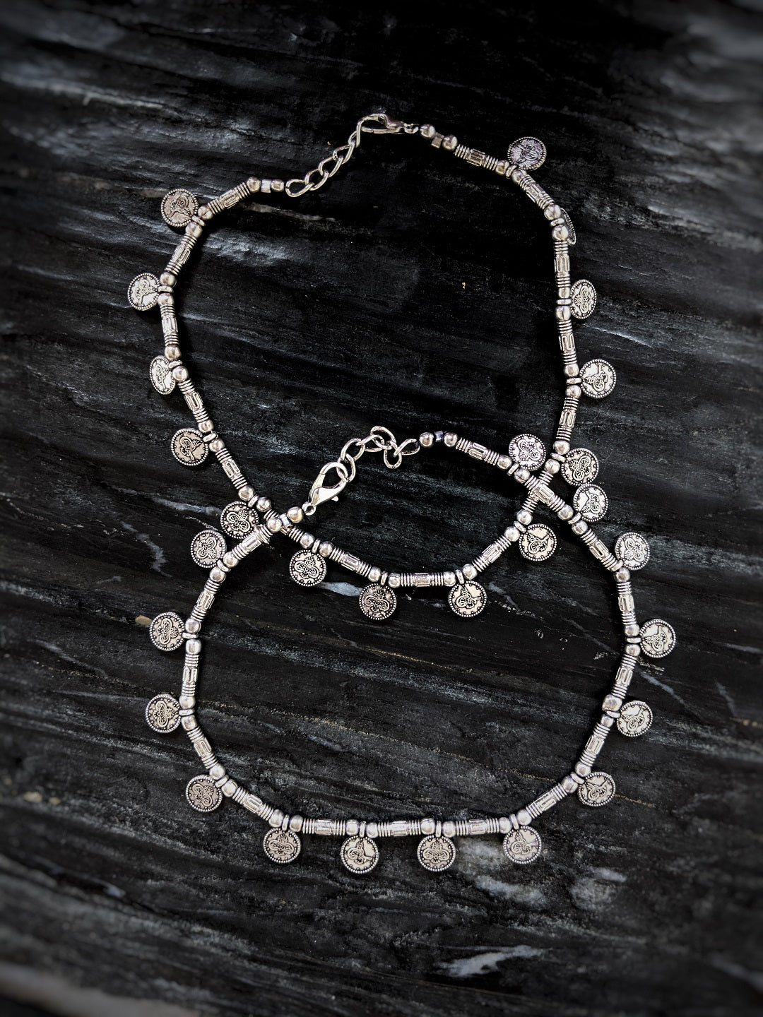 image for German Oxidised Silver Anklets Engraved Tribal Design Silver Plating With Beads Foot Jewellery