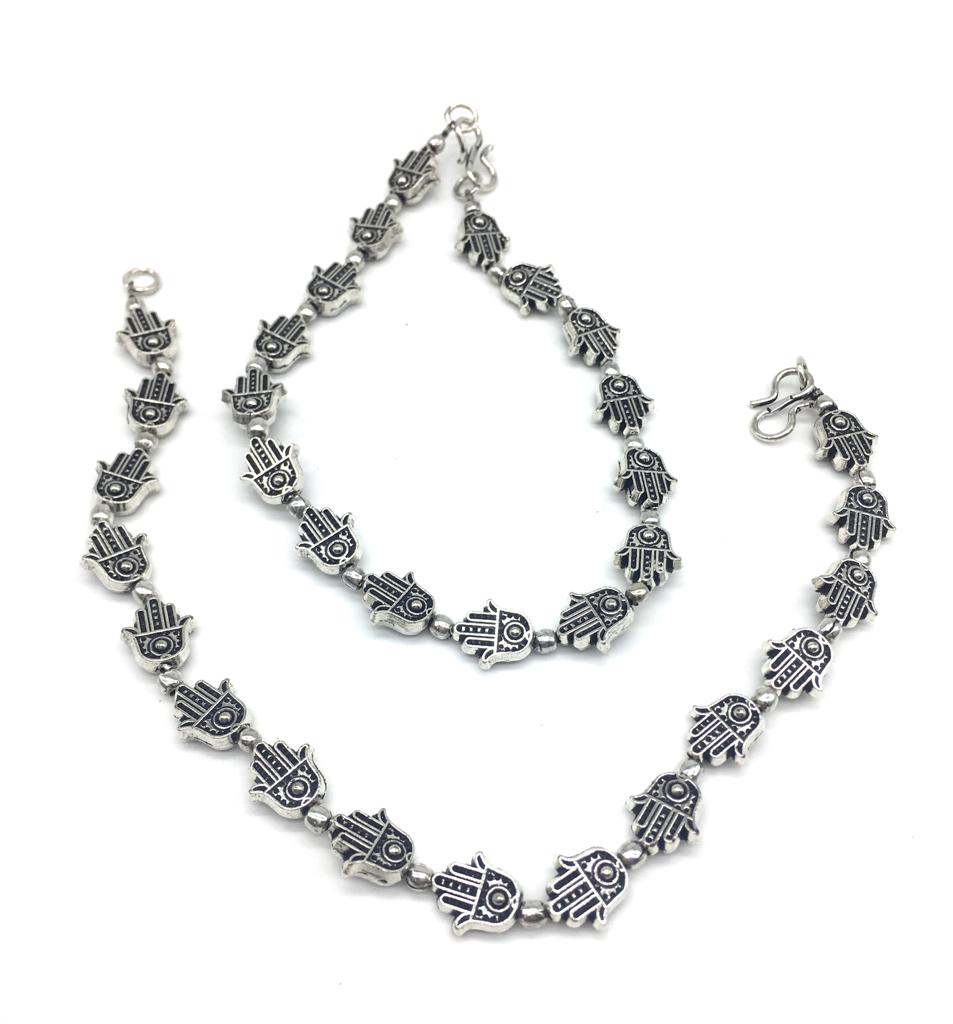 image for German Oxidised Silver Anklets Hamsa Beads Payal Silver Plating Ethnic Style Paijan Foot Jewellery