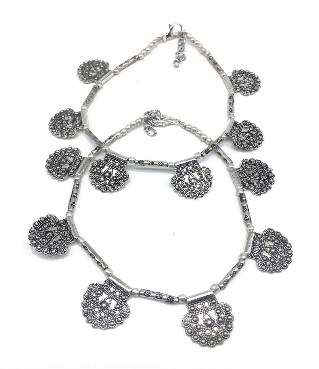 image for German Oxidised Silver Anklets Tribal Design Engraved Silver Plating With Beads Foot Jewellery