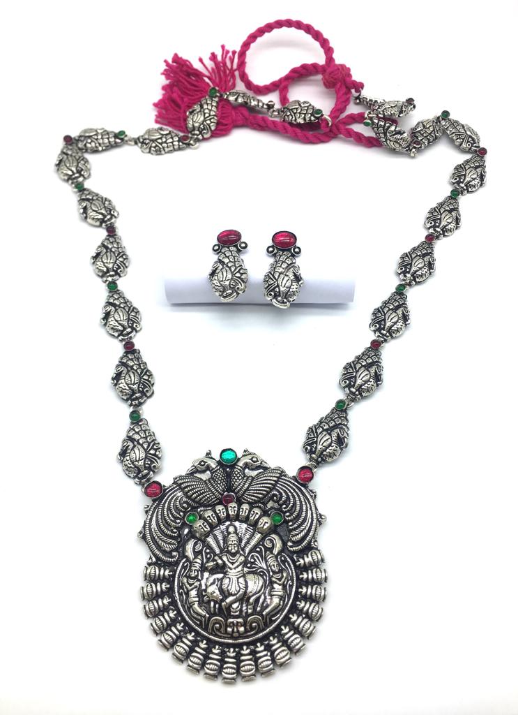 image for Silver Plated God Lakshmi (Laxmi) Pendant Dancing Peacock Thread Necklace Earring Set