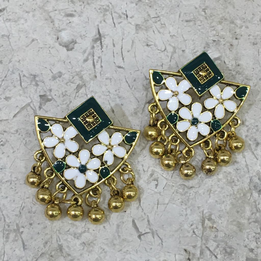 image for Enamel Work Earring with Gold Plated Oxidized Floral Design Alloy Stud Earrings