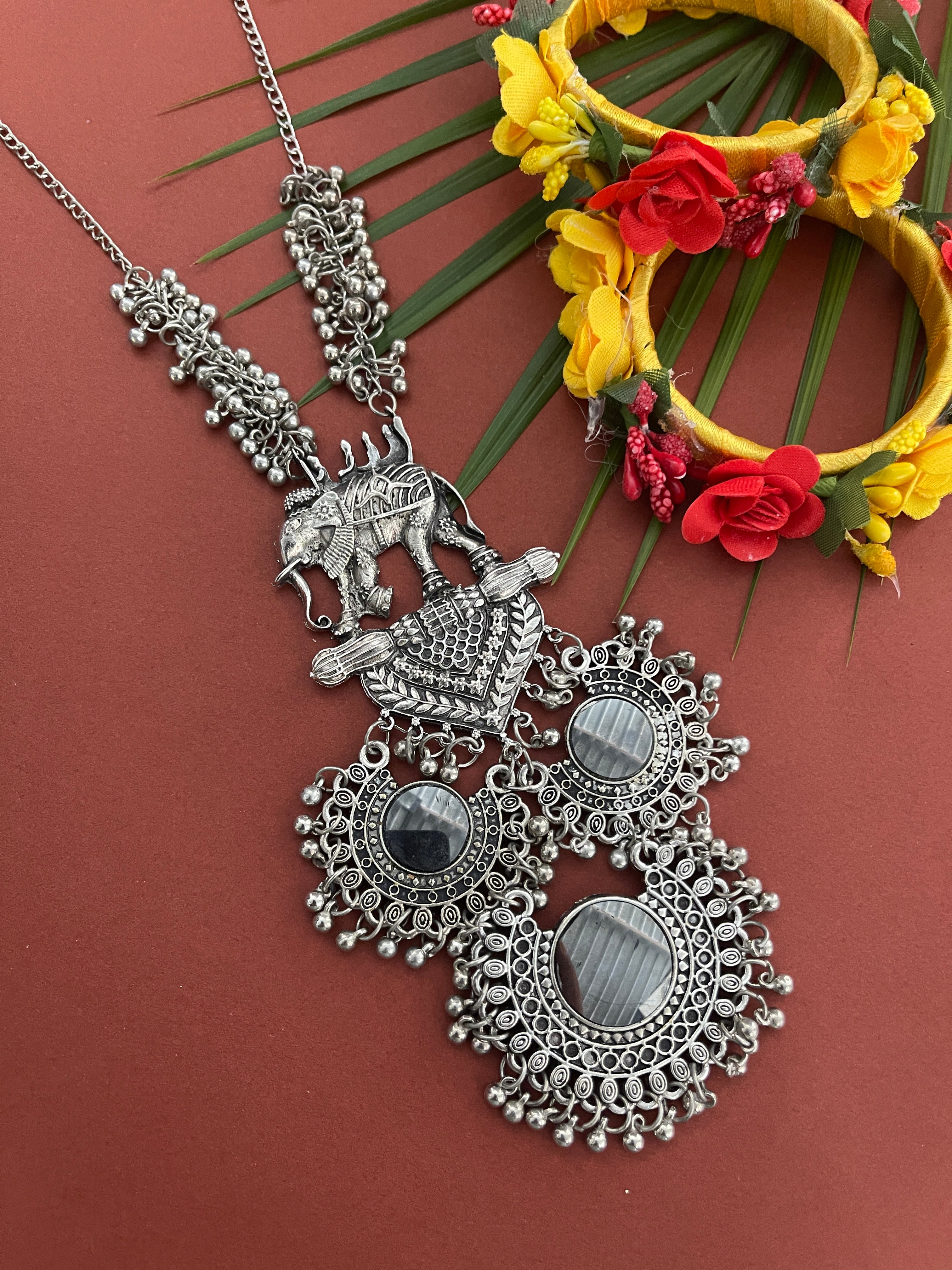 image for Hand Crafted Elephant and Chandbali design Silver Pendent Necklace