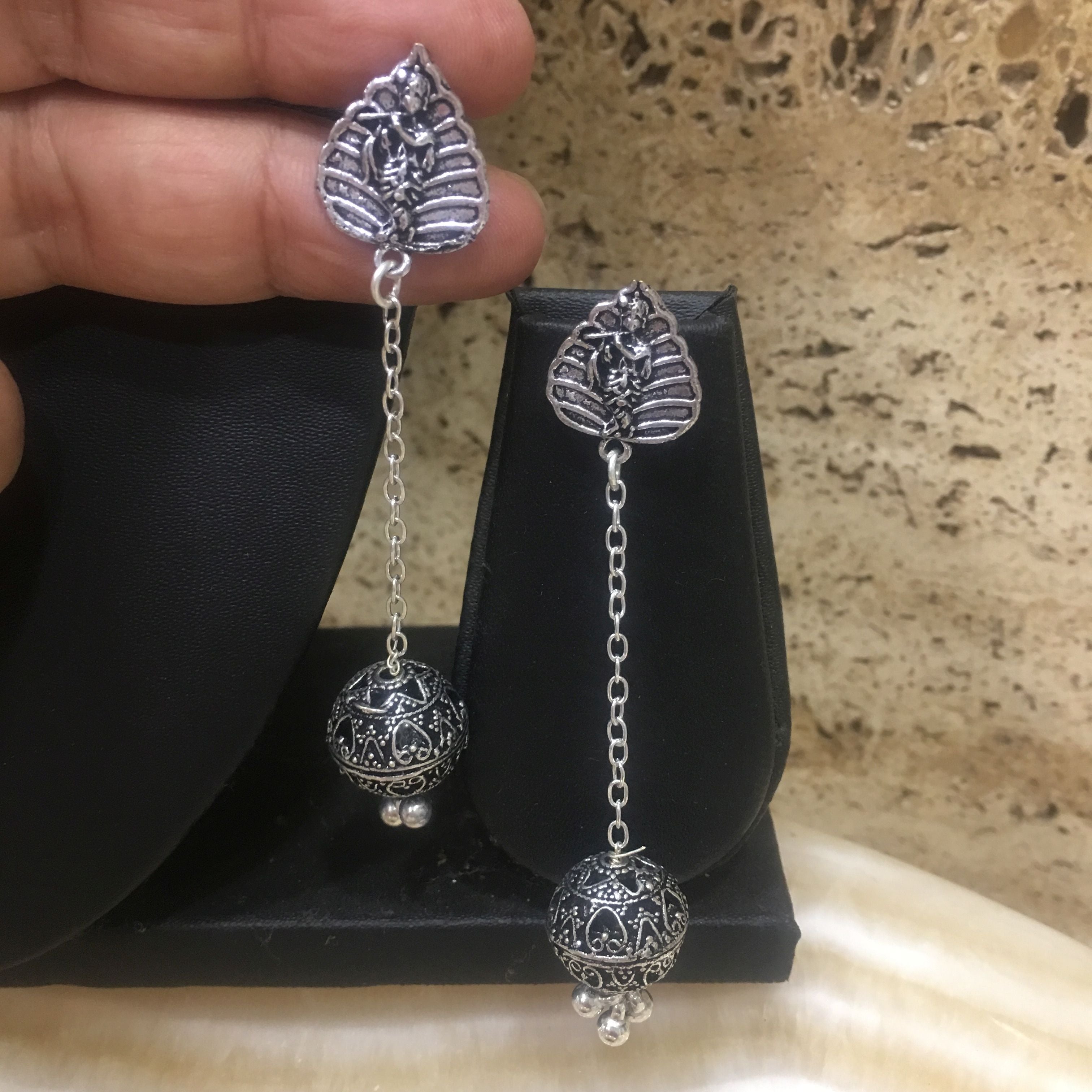 image for Traditional Silver Earring with Leaf stud Lord Krishna & Round Ball Danglers