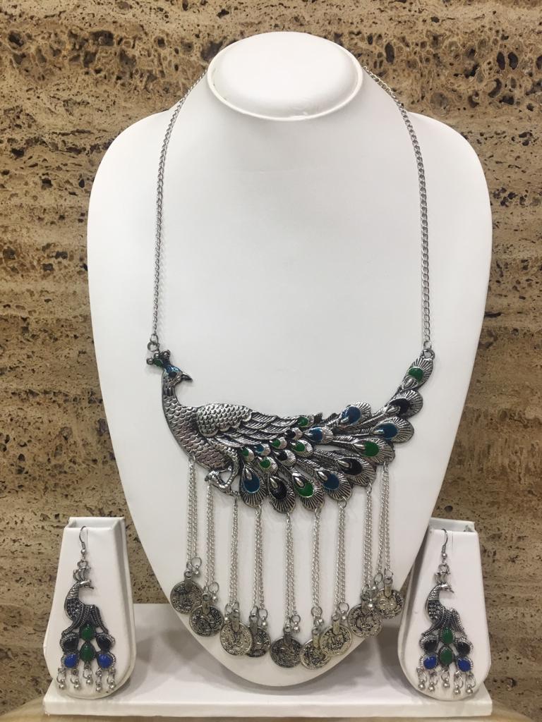 image for Silver Plated Tribal Peacock Hasli Chain Necklace Earring Set