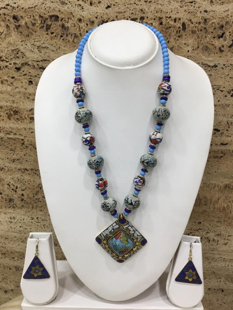 image for Afghani Tibetan Gold Plate Brass Multi-Color Pendant Grey Stone Blue Beads Necklace with Earrings