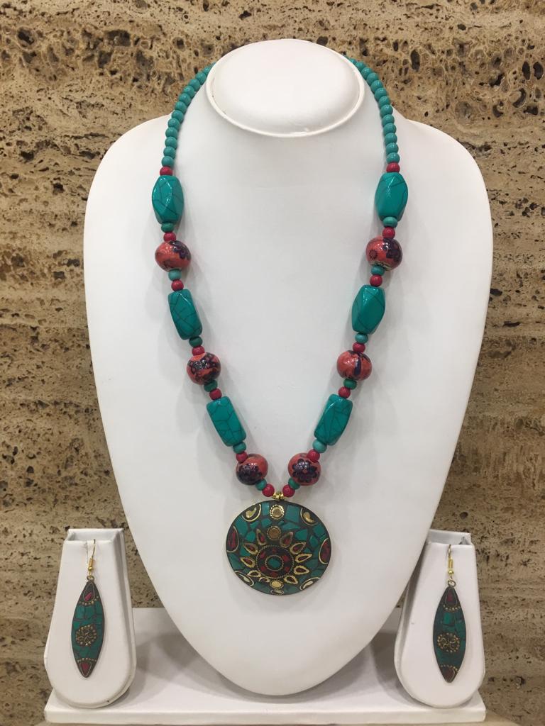 image for Gold Plate Multi-Color Pendant Red Stone Turquoise Beads Necklace with Earring