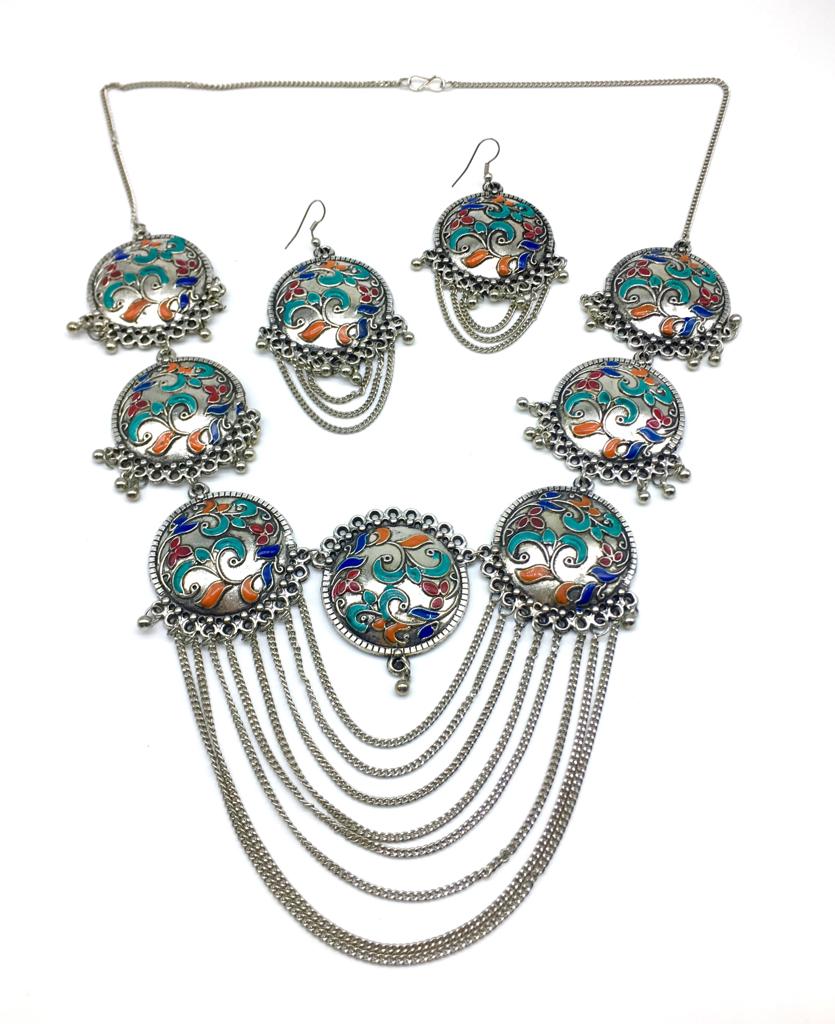 image for Multi-color Meenakari Work Pendant Chains Necklace Earring Set