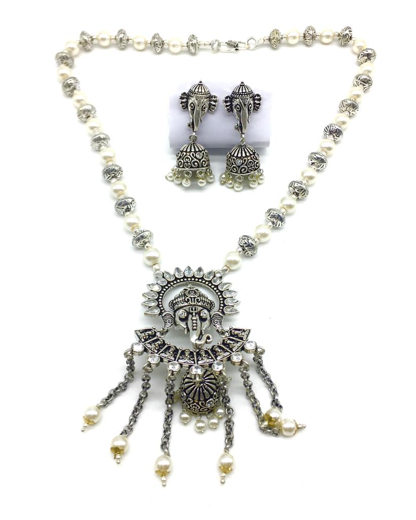 image for Ganesh Ji Pendant Stone White Pearls Beads Necklace Jhumki Earring Set