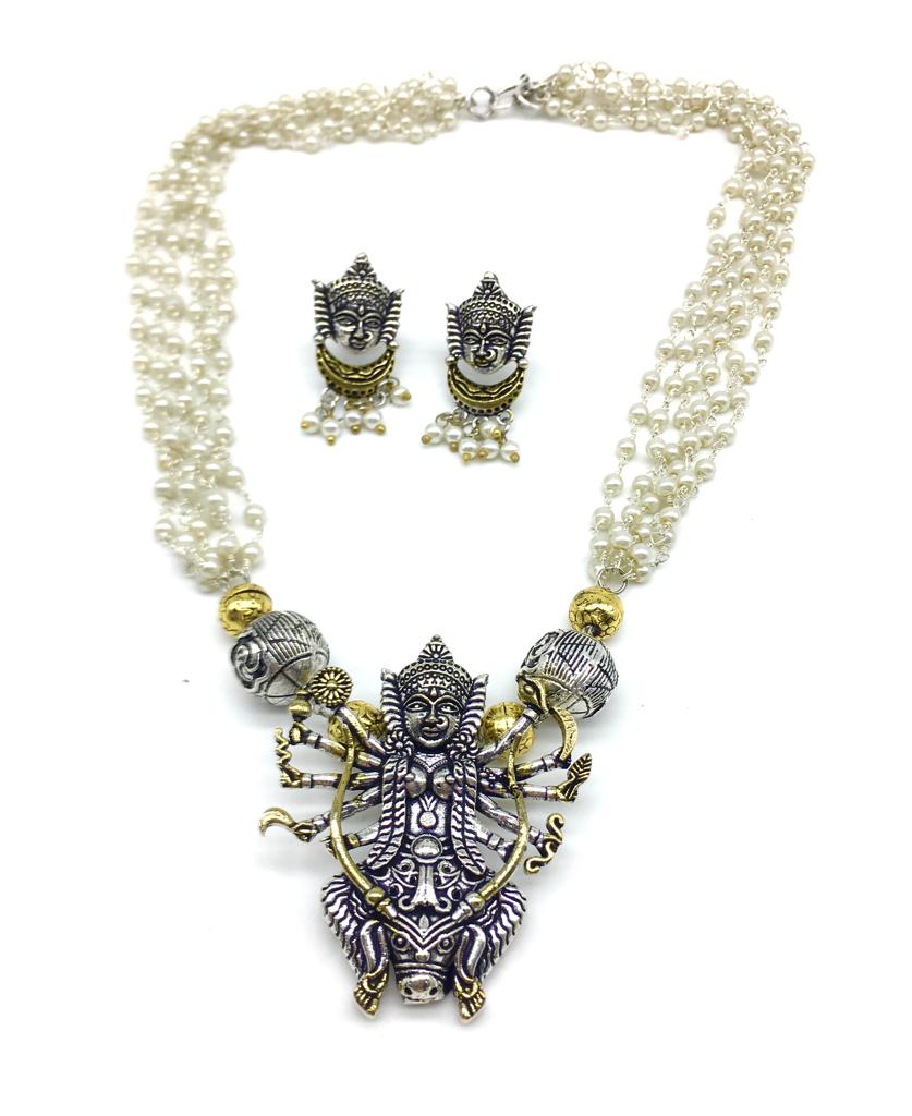 image for Silver Gold Tone Durga Mata Pendant Multi Layered Pearls Necklace Earring Set