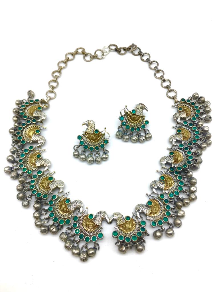 image for Dancing Peacock Design Green Stone with Ghungroo Beads Necklace Earring Set