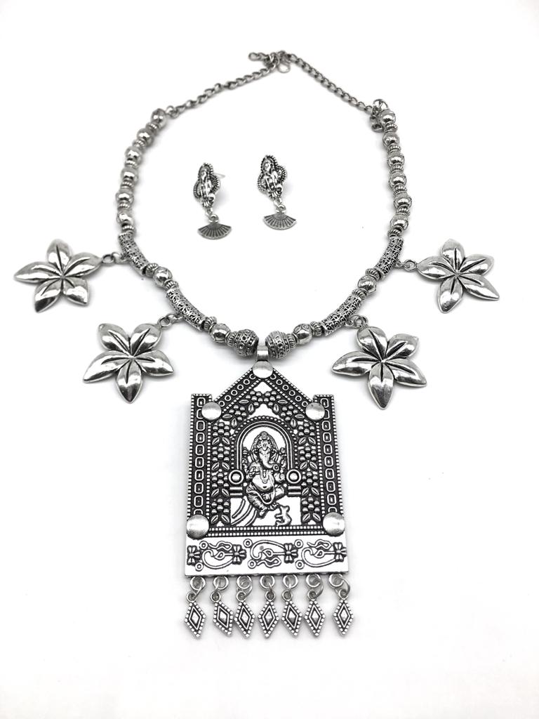 image for Silver Ganesh Ji Pendant Flower Beads Chain Necklace Earring Set