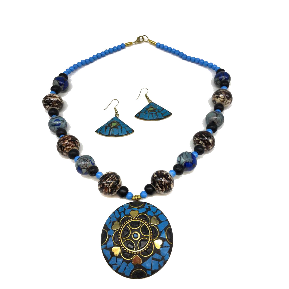 image for Afghani Tibetan Necklace Set Antique Golden Brass Multi-Color Pendant Necklace with Earring