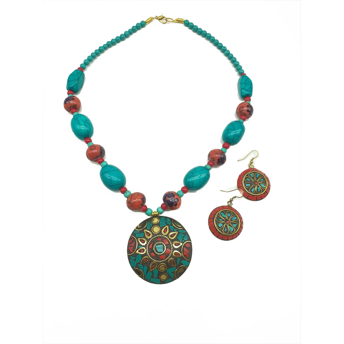 image for Latest Short Necklace Set Designs in Gold Finish Antique Design Multi-Color Pendant Necklace & Earrings