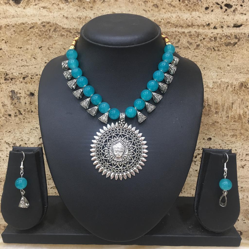 image for Antique Silver Plated Lakshmi (Laxmi) Pendent Blue Beaded Necklace Earring Set