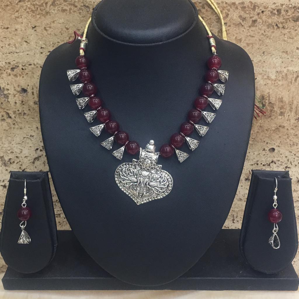 image for Peacock Design Pendent Dark Red Beaded Necklace Earring Set