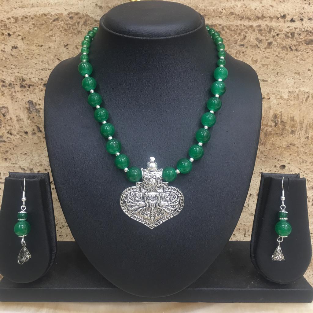 image for Silver Plated Peacock Design Pendent Green Beaded Necklace Earring Set