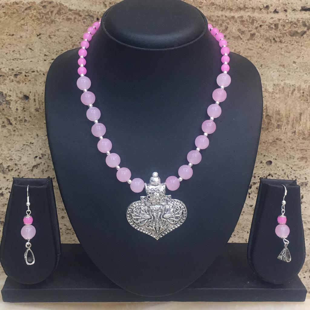 image for Silver Plated Peacock Design Pendent Pink Beaded Necklace Earring Set