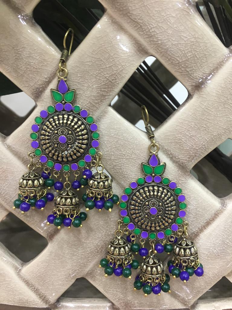 image for Indian Traditional Silver Plated Purple and Green Long Multi Jhumki Earrings