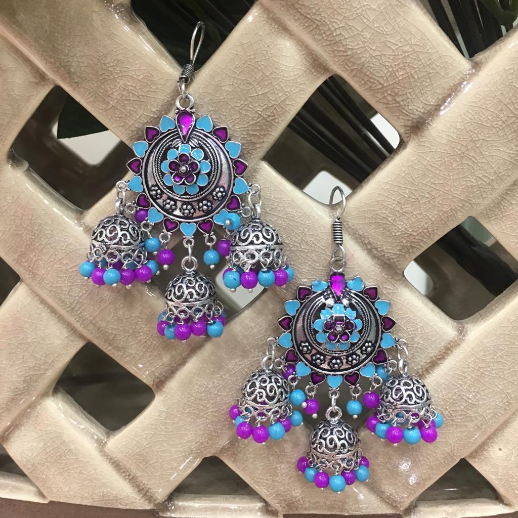 image for Indian Traditional Silver Plated Purple and Turquoise Long Multi Jhumki Earrings
