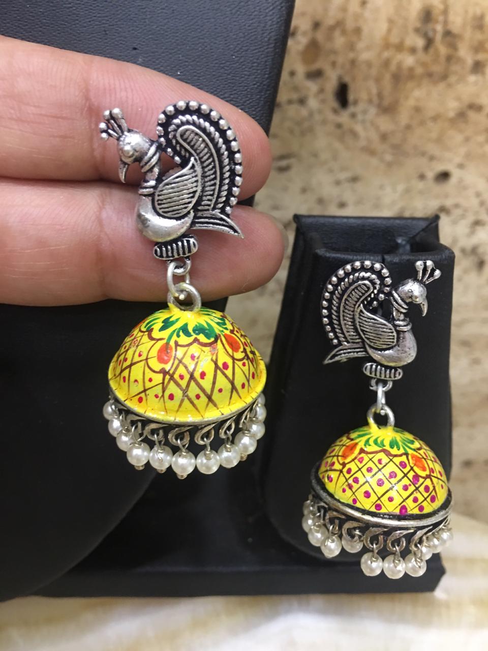 image for Silver Plated Peacock Stud Earrings Yellow Enamel Jhumki with White Pearls