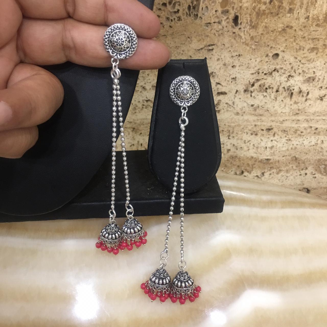 image for Silver Plated Long Kashmiri Jhumki Earrings with Red Beads