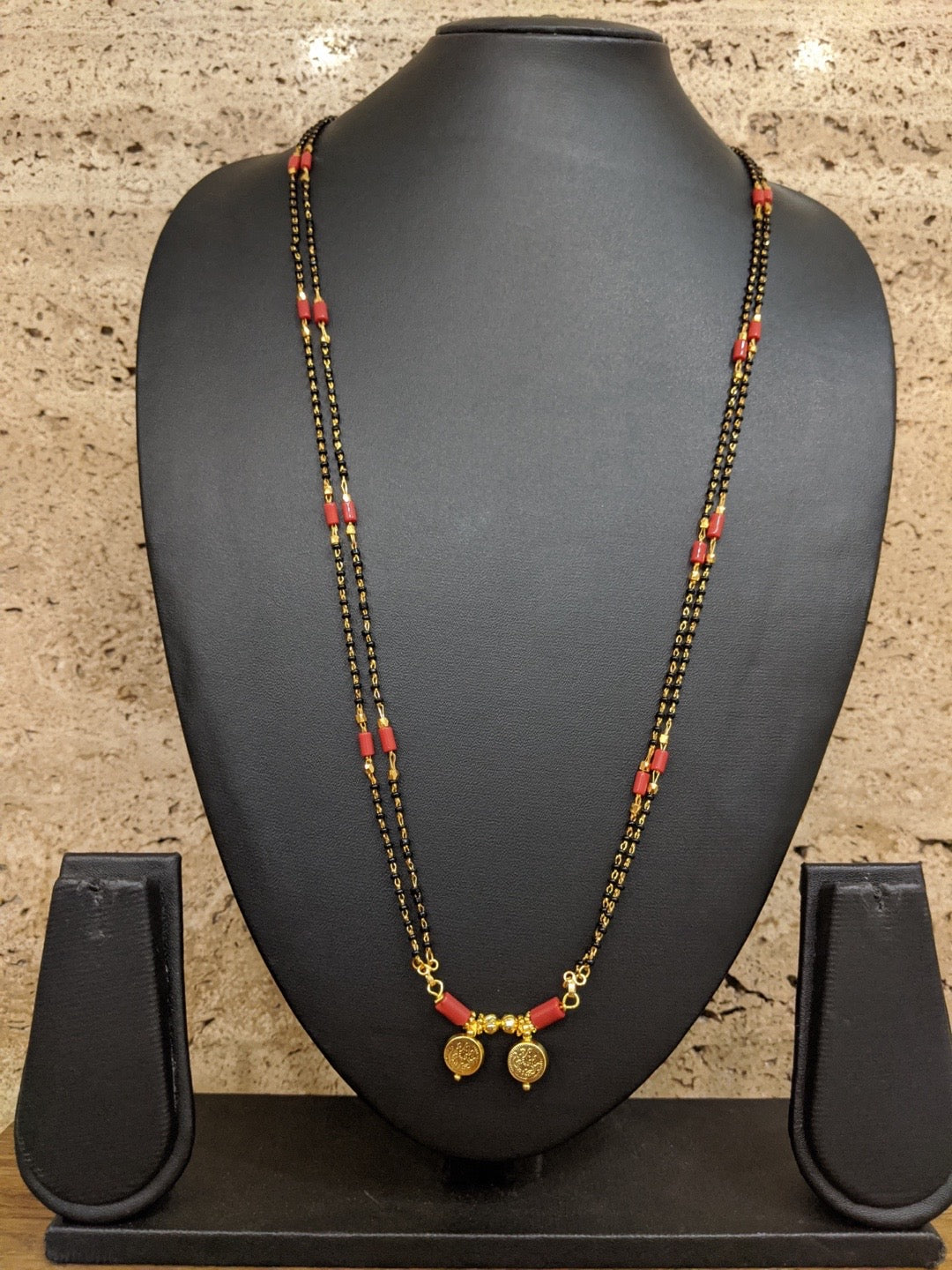 image for Traditional South Indian Long Mangalsutra Designs Lakshmi (Laxmi) Coin Red And Black Beads Chain