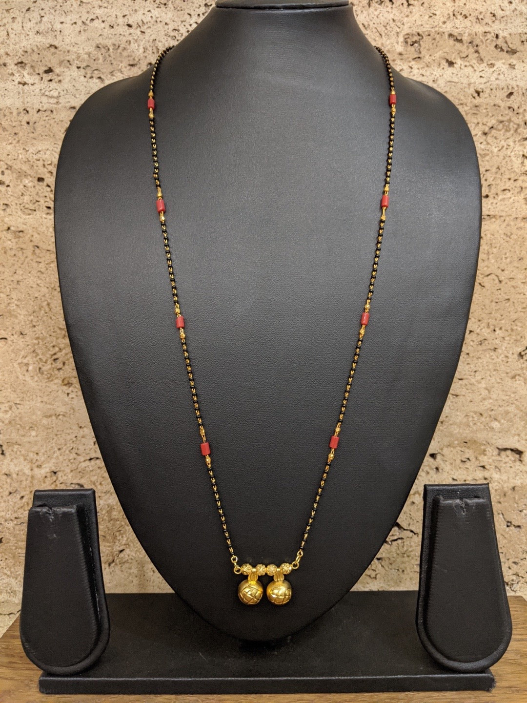 image for Marathi Style Long Vati Mangalsutra Designs Gold Plated Simple Red And Black Beads Chain