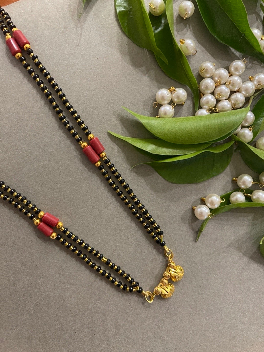 image for Traditional Marathi Short Mangalsutra Vati Designs Double Line Red And Black Beads Chain