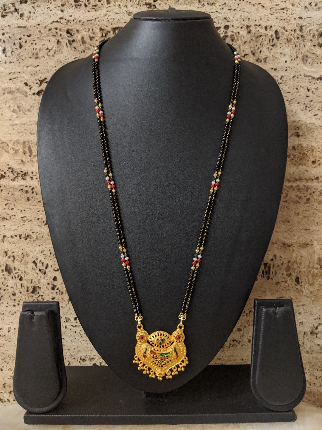 image for Maharashtrian Long Mangalsutra Designs Gold Pendant With Ghungroo Red Green Gold & Black Beads Chain