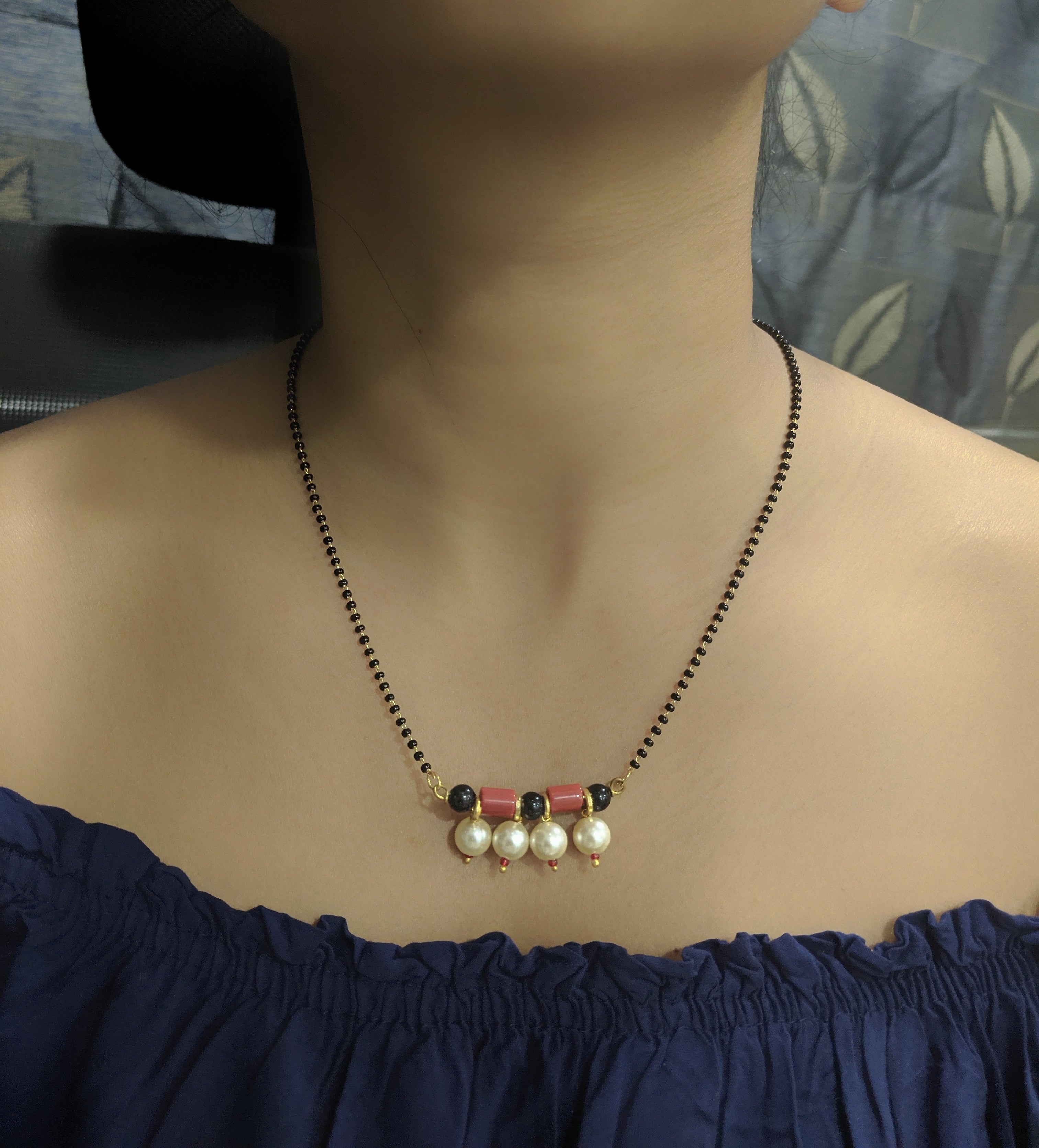 image for Short Mangalsutra Designs Gold Plated Latest Coral White Pearls Pendant Black Beads Mangalsutra