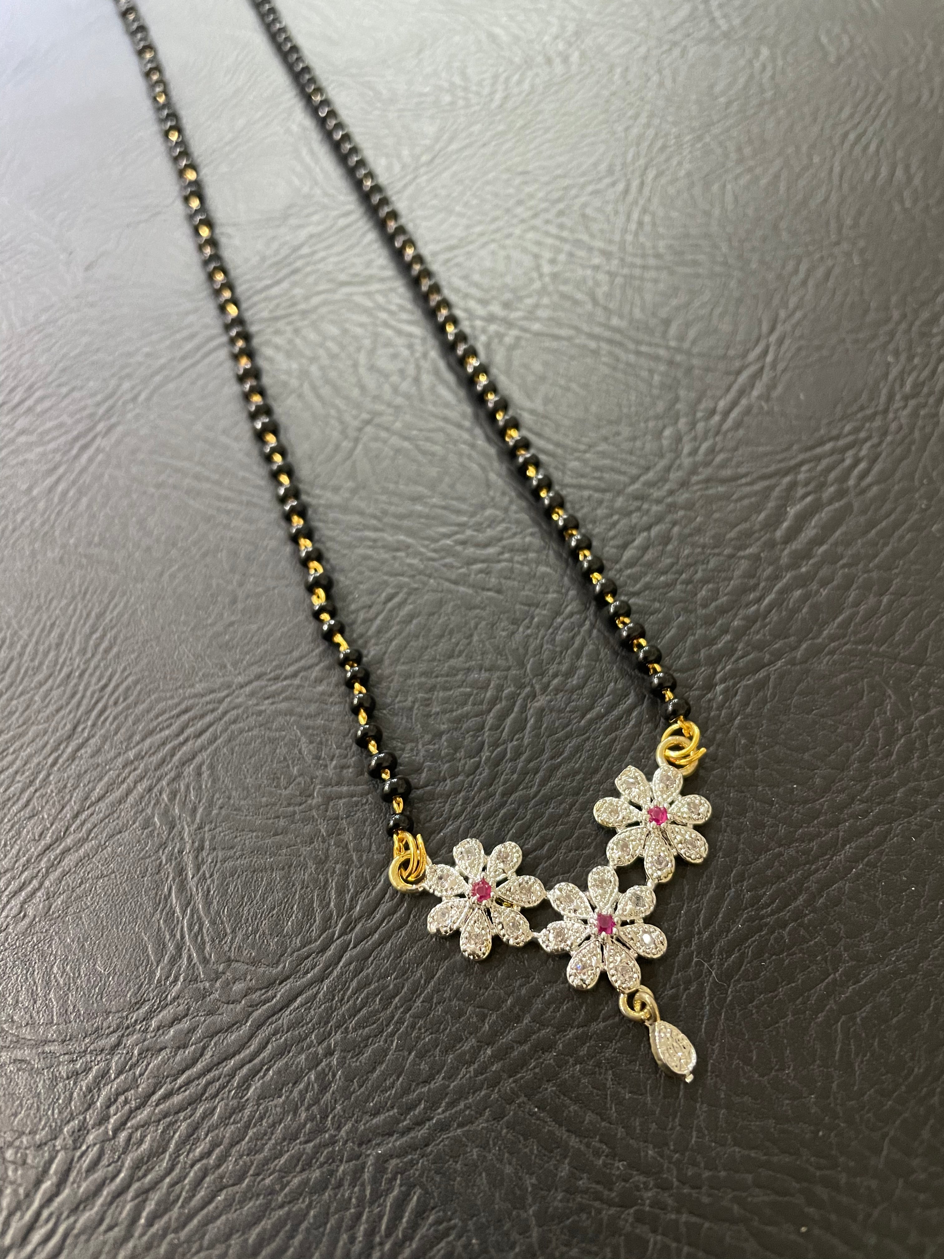 image for Short Mangalsutra Designs Gold Plated Latest American Diamond 3 Flower Pendant Latkan Black Beads Mangalsutra