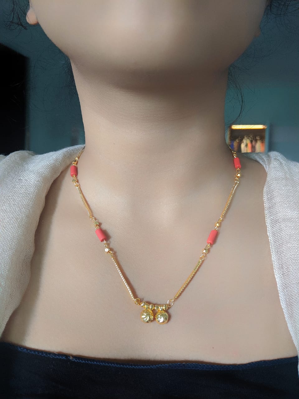 image for Short Mangalsutra Designs Gold Plated Latest Coral with 2 Vati Pendant Mangalsutra