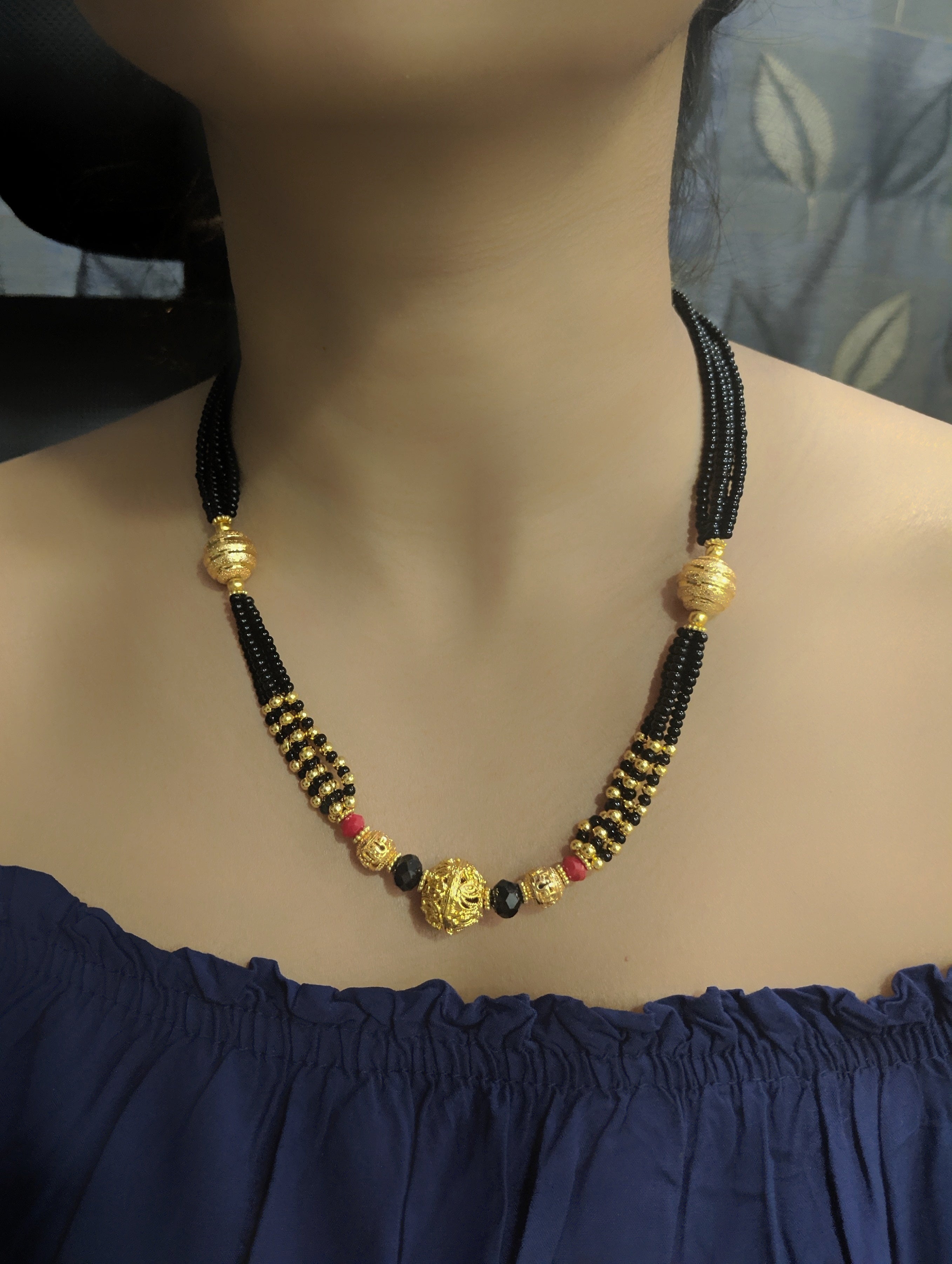 image for Maharashtrian Short Gold Mangalsutra Designs Fancy Ball Pendant Layered Gold And Black Beads Chain