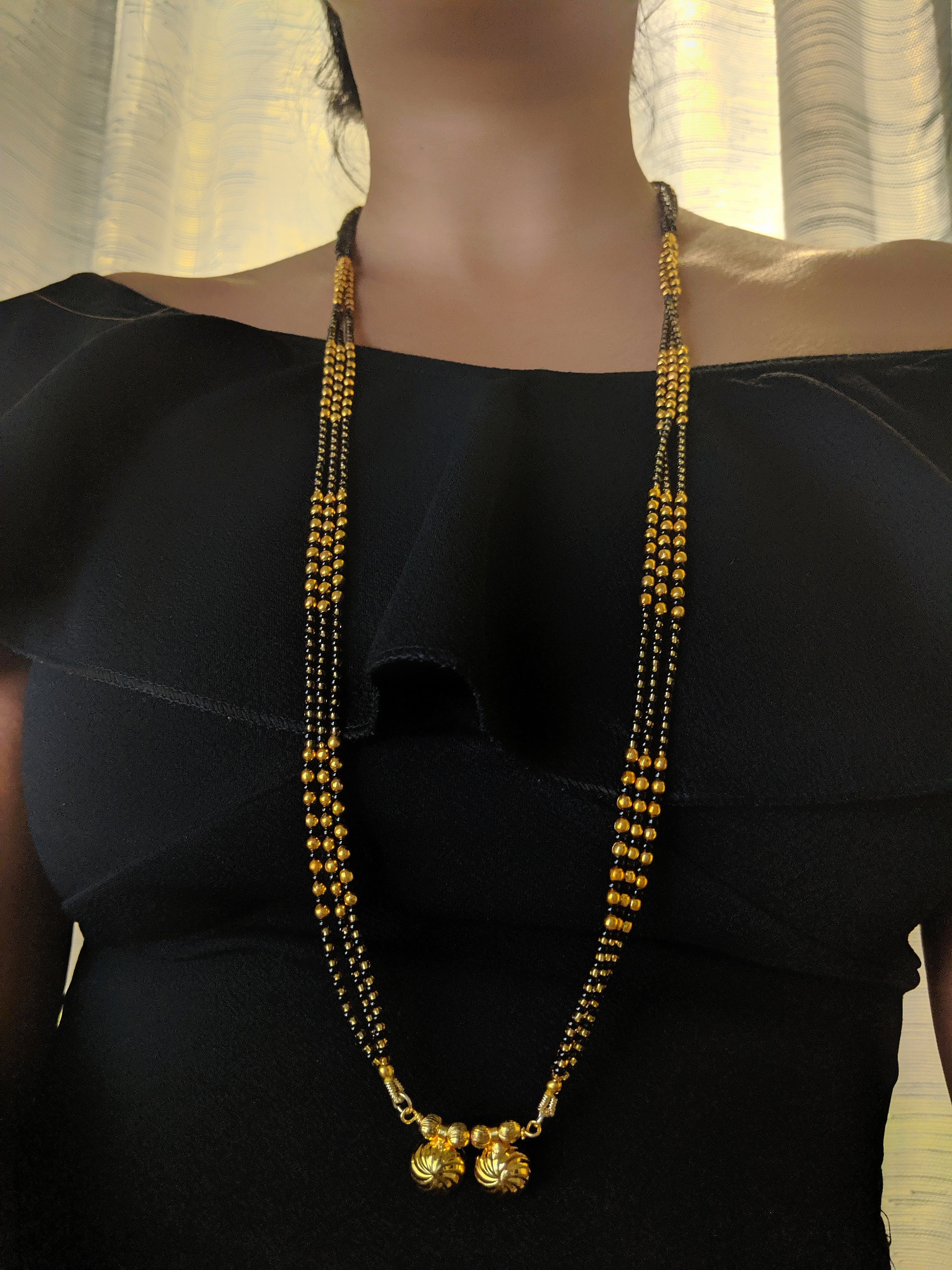 image for Maharashtrian Style Long Mangalsutra Vati Designs Simple 3 Line Gold And Black Beads Chain