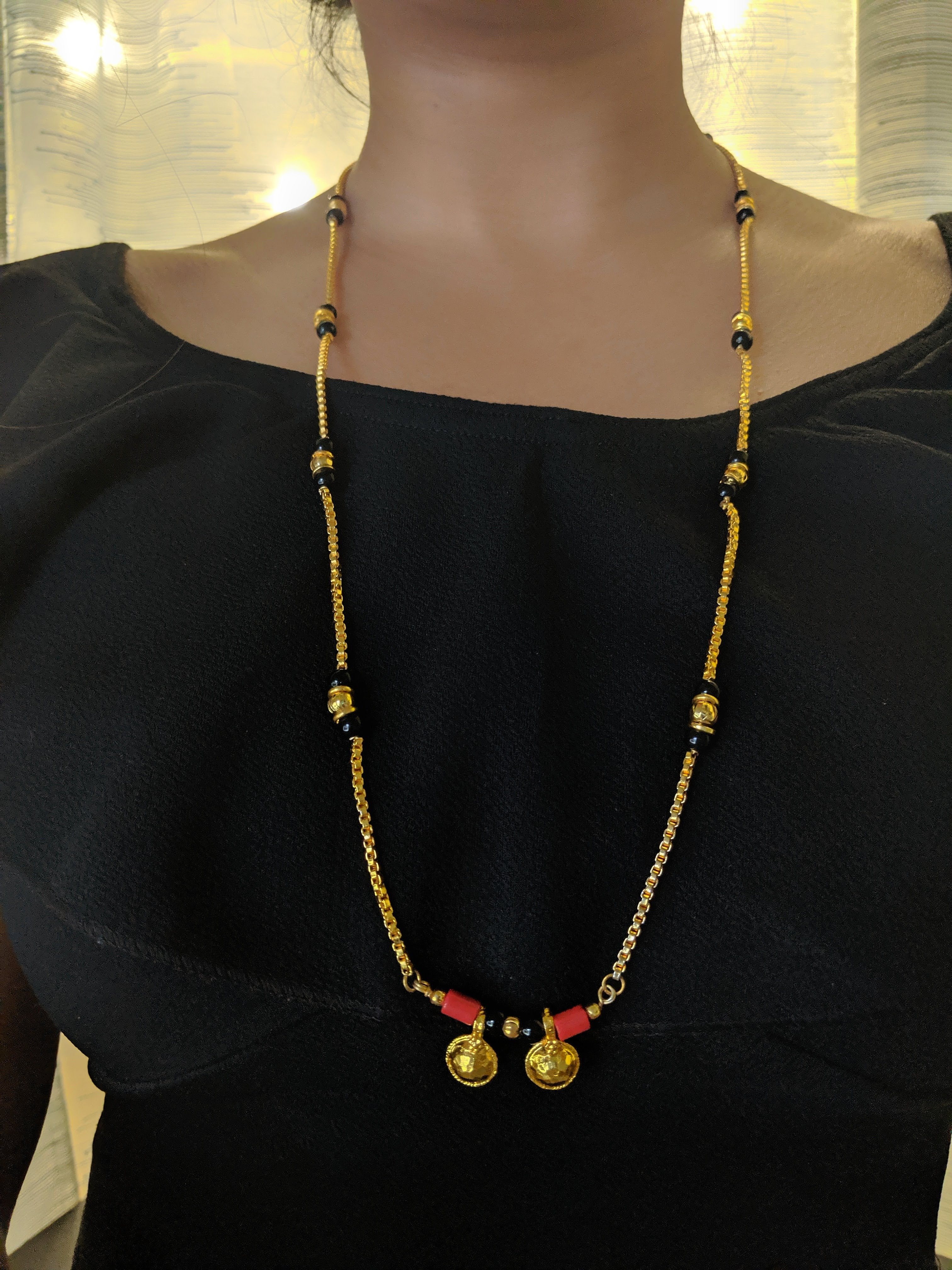 image for Traditional South Indian Long Mangalsutra Vati Designs Red And Black Beads Gold Chain
