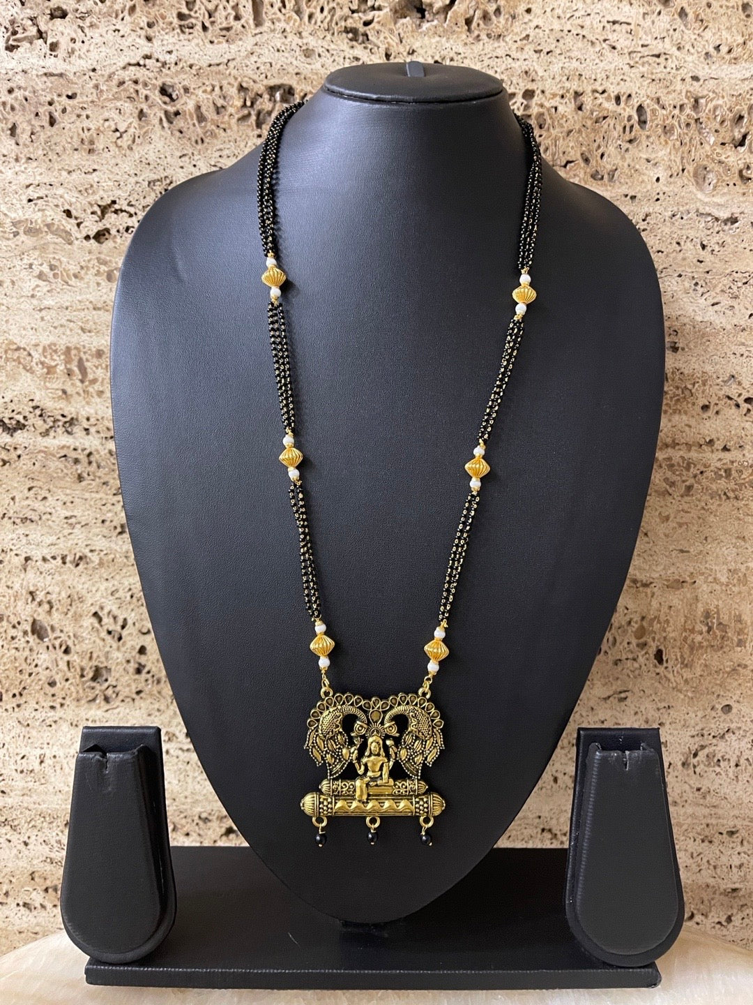 image for Traditional South Indian Long Mangalsutra Designs Oxidised Peacock/Lakshmi Pendant Black Beads Chain