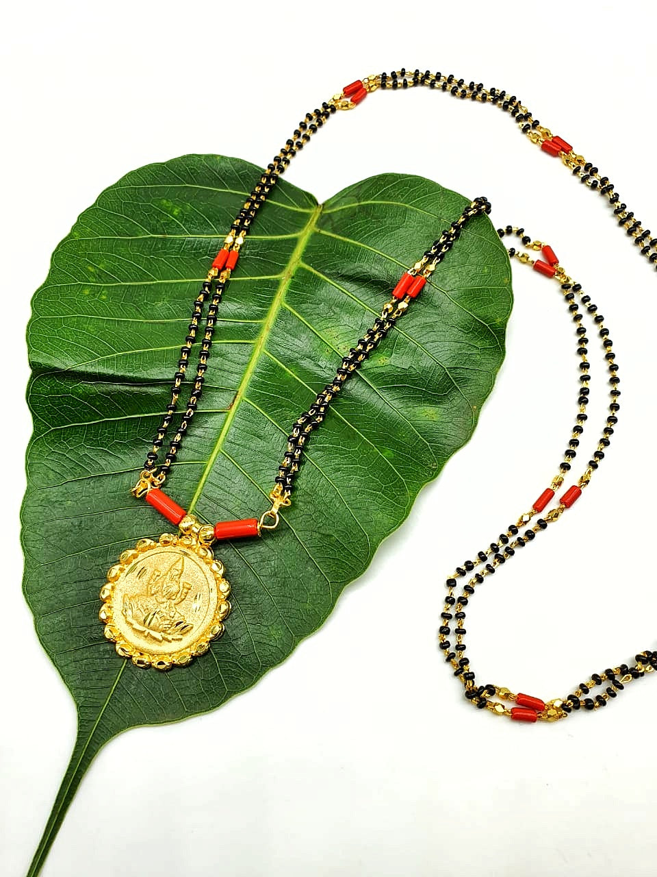 image for South Indian Long Mangalsutra Designs Lakshmi (Laxmi) Thali Pendant Red And Black Beads Chain