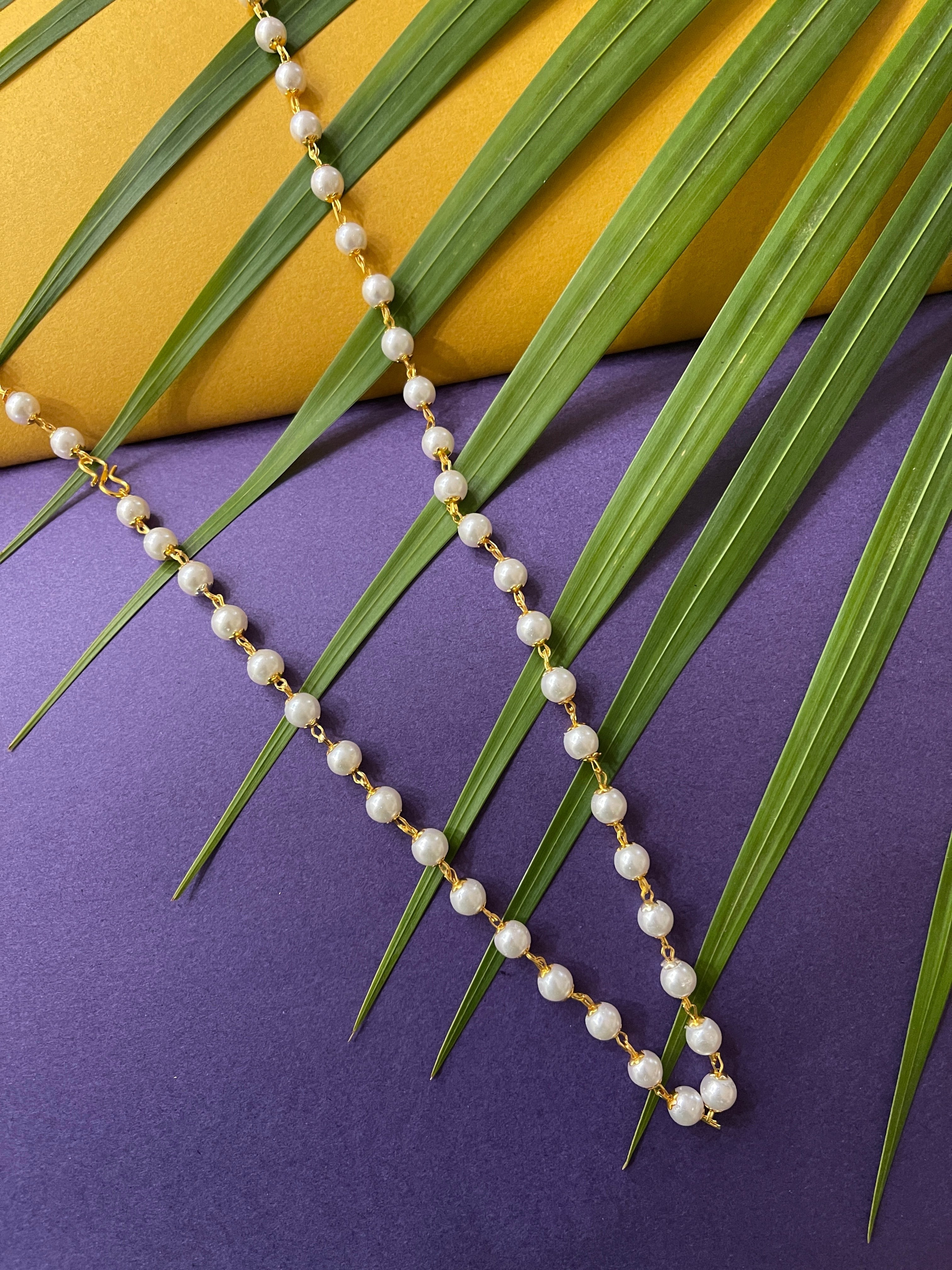 image for Latest Long Necklace Designs in Gold Finish White Pearl Bead Traditional Mala Necklace