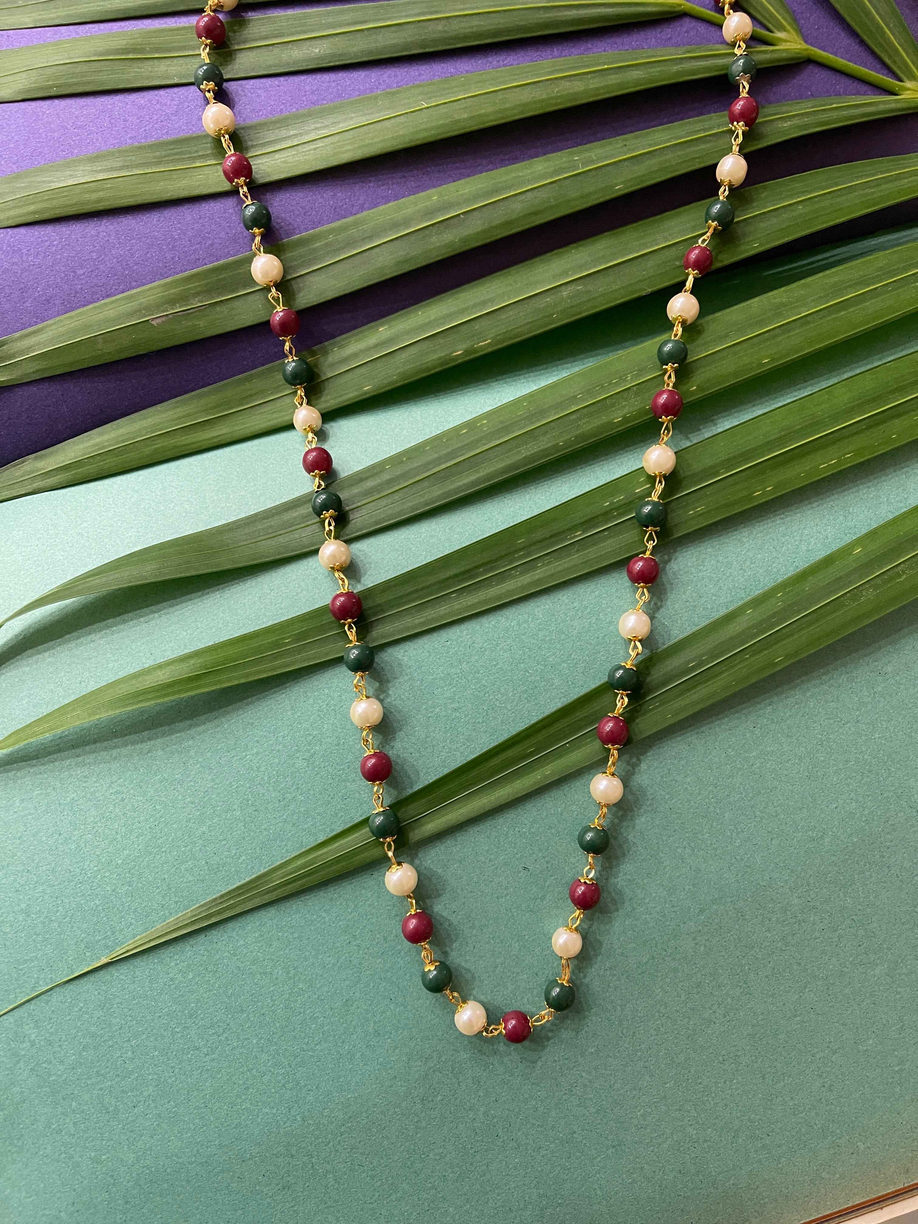 image for Gold Plated Necklace with Red Green & White Pearl Mala Necklace