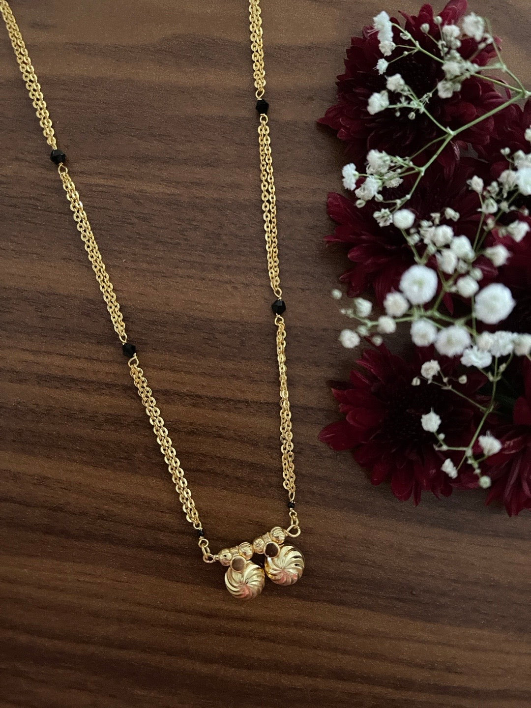 image for Simple South Indian Long Mangalsutra Vati Designs 2 Line Crystal Black Beads Gold Chain