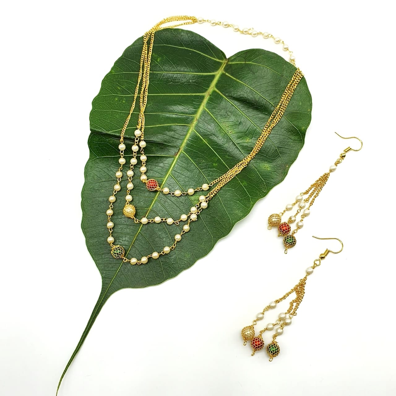 image for Latest Long Necklace Set Designs in Gold Finish 3 Layer Multicolor Mani Necklace & Earrings