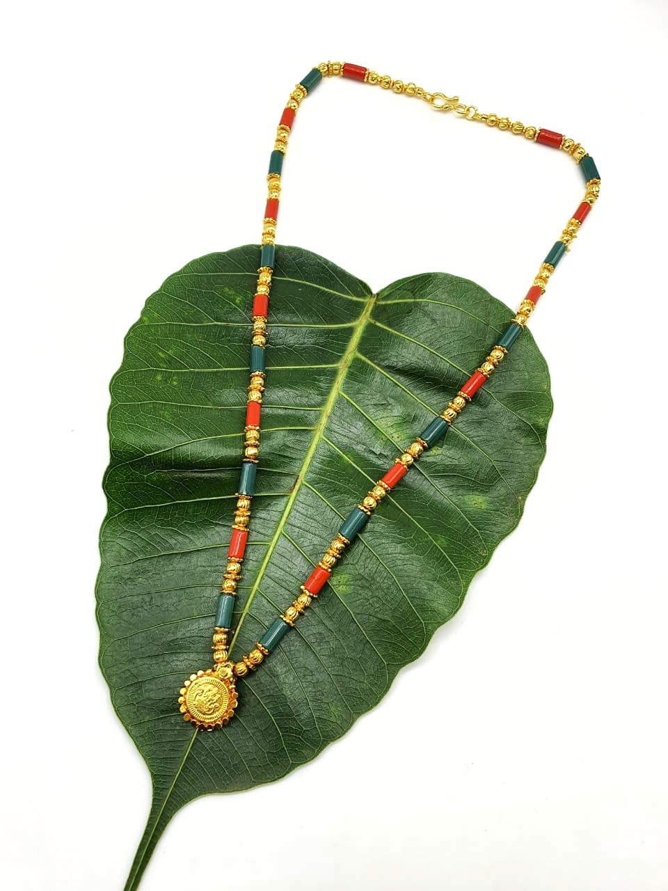 image for Short Mangalsutra Designs Gold Plated Latest Lakshmi (Laxmi) Coin Pendant Multicolor Green Orange Beads Single Line Mangalsutra